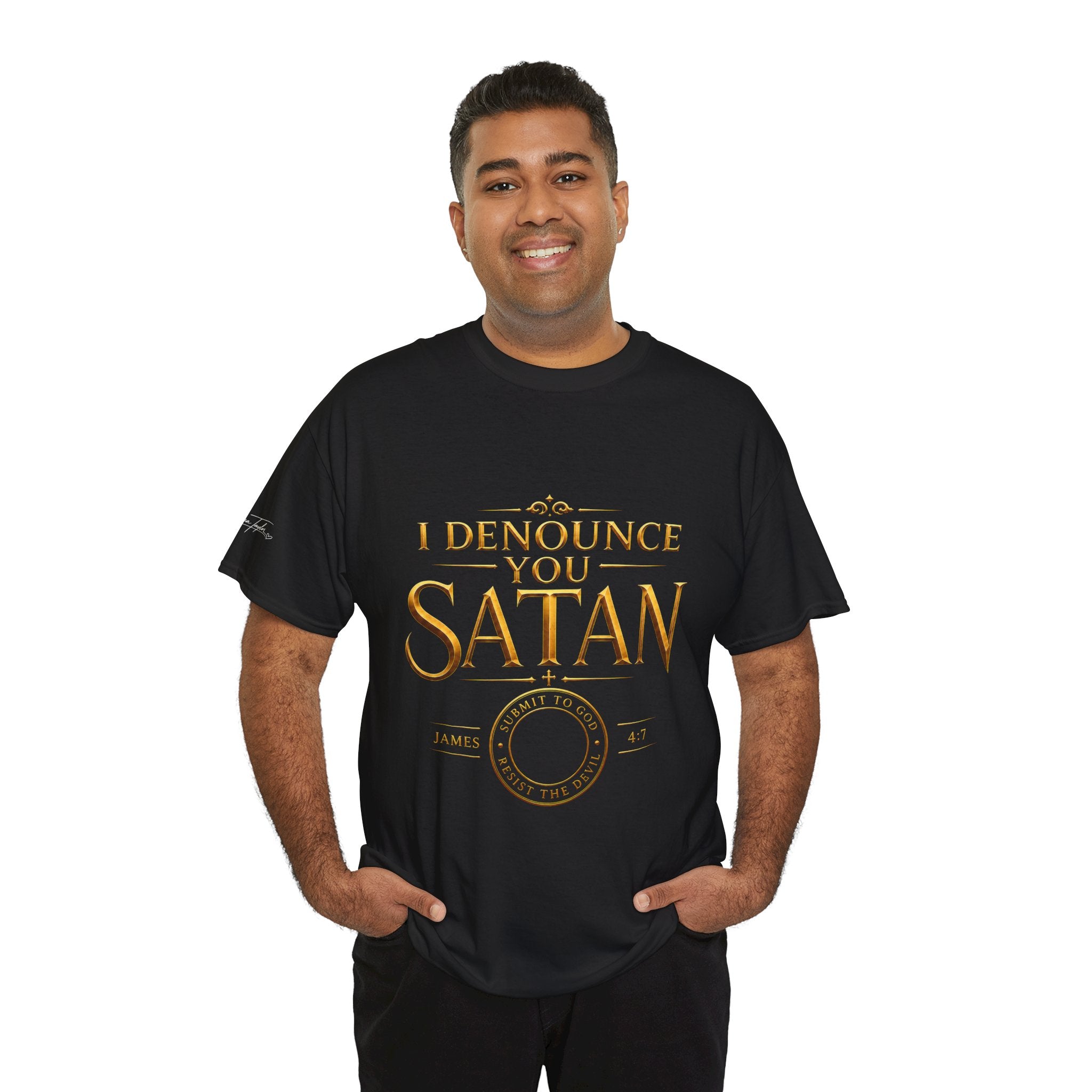 Garment — "I Denounce You Satan" Bold Gold Graphic Christian Statement