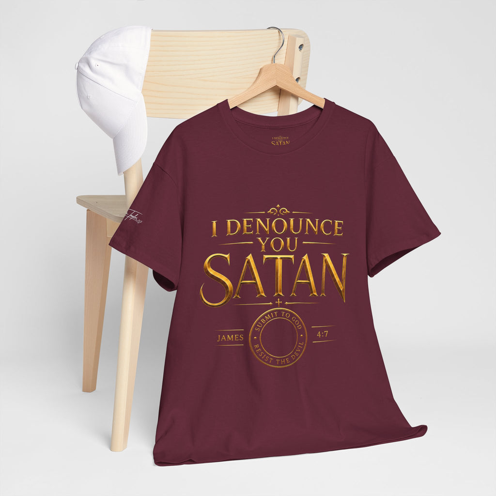 Garment — "I Denounce You Satan" Bold Gold Graphic Christian Statement