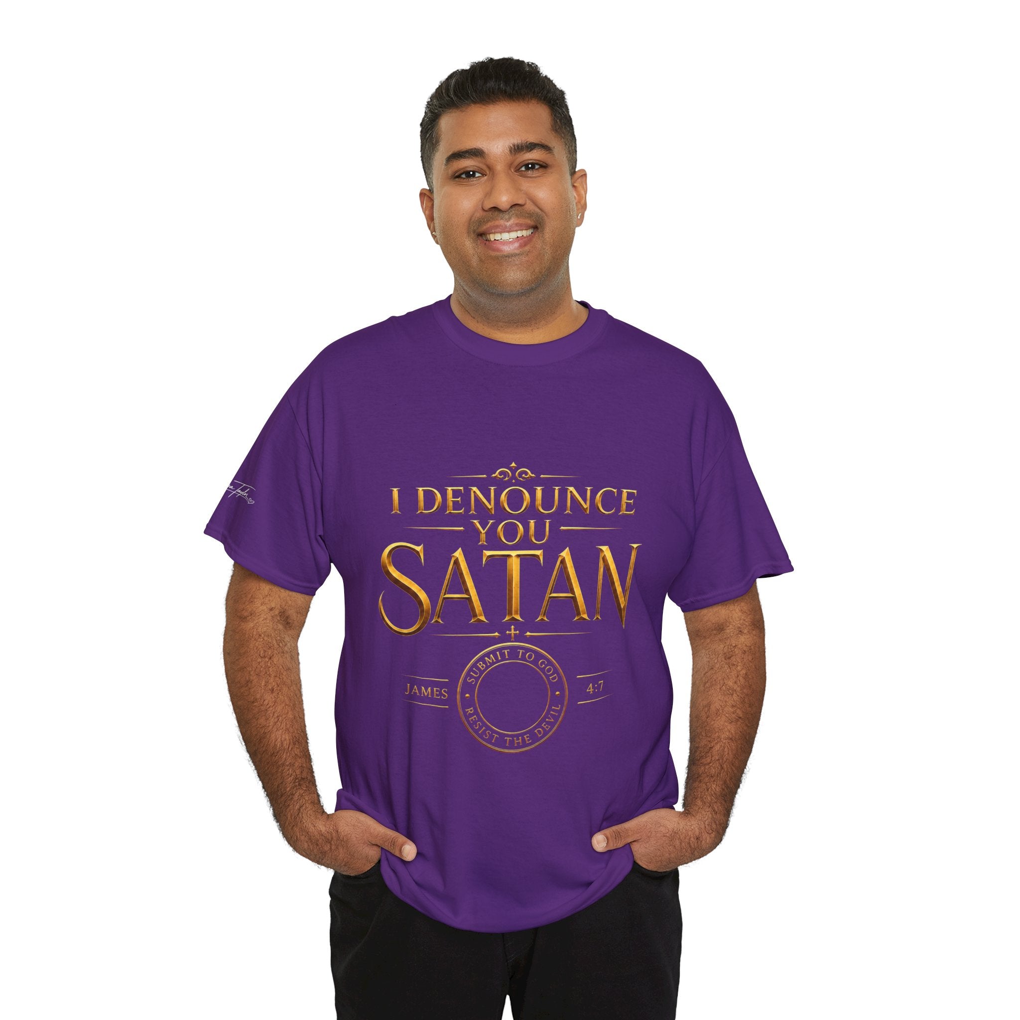 Garment — "I Denounce You Satan" Bold Gold Graphic Christian Statement