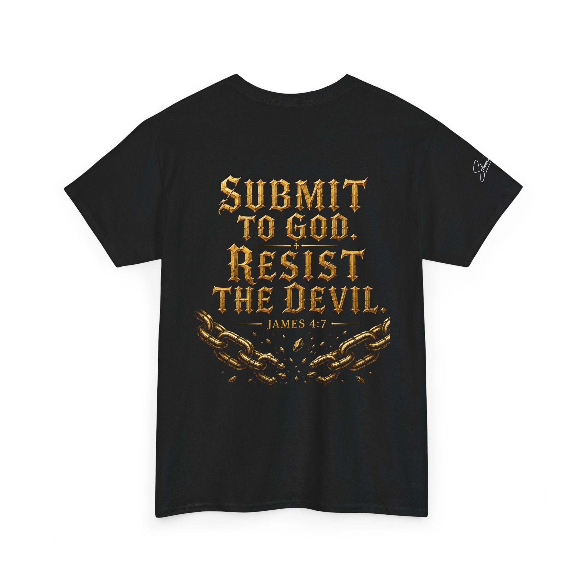 Garment — "I Denounce You Satan" Bold Gold Graphic Christian Statement