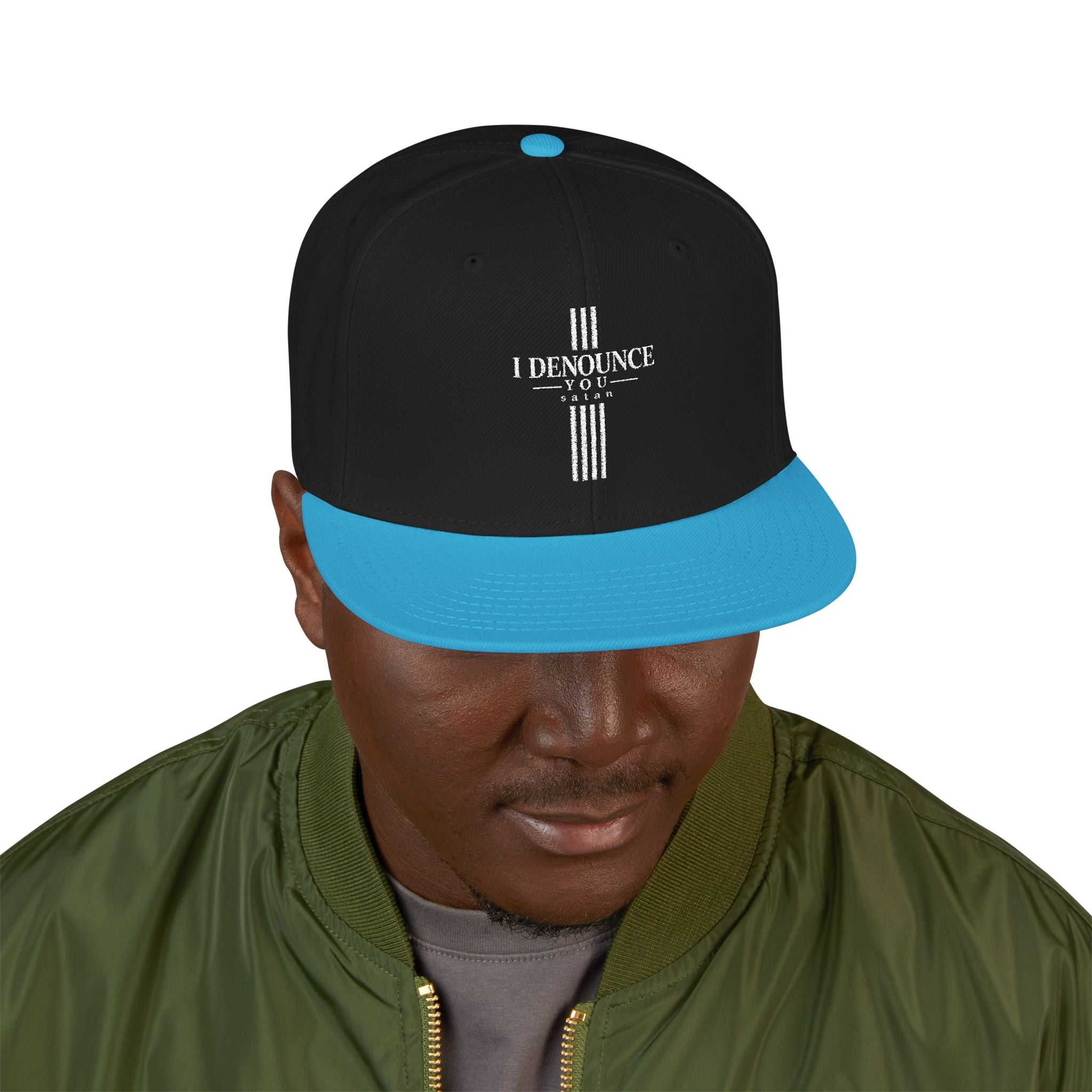 Embroidered Cross Snapback Hat - Black & Cyan Religious Trucker Cap