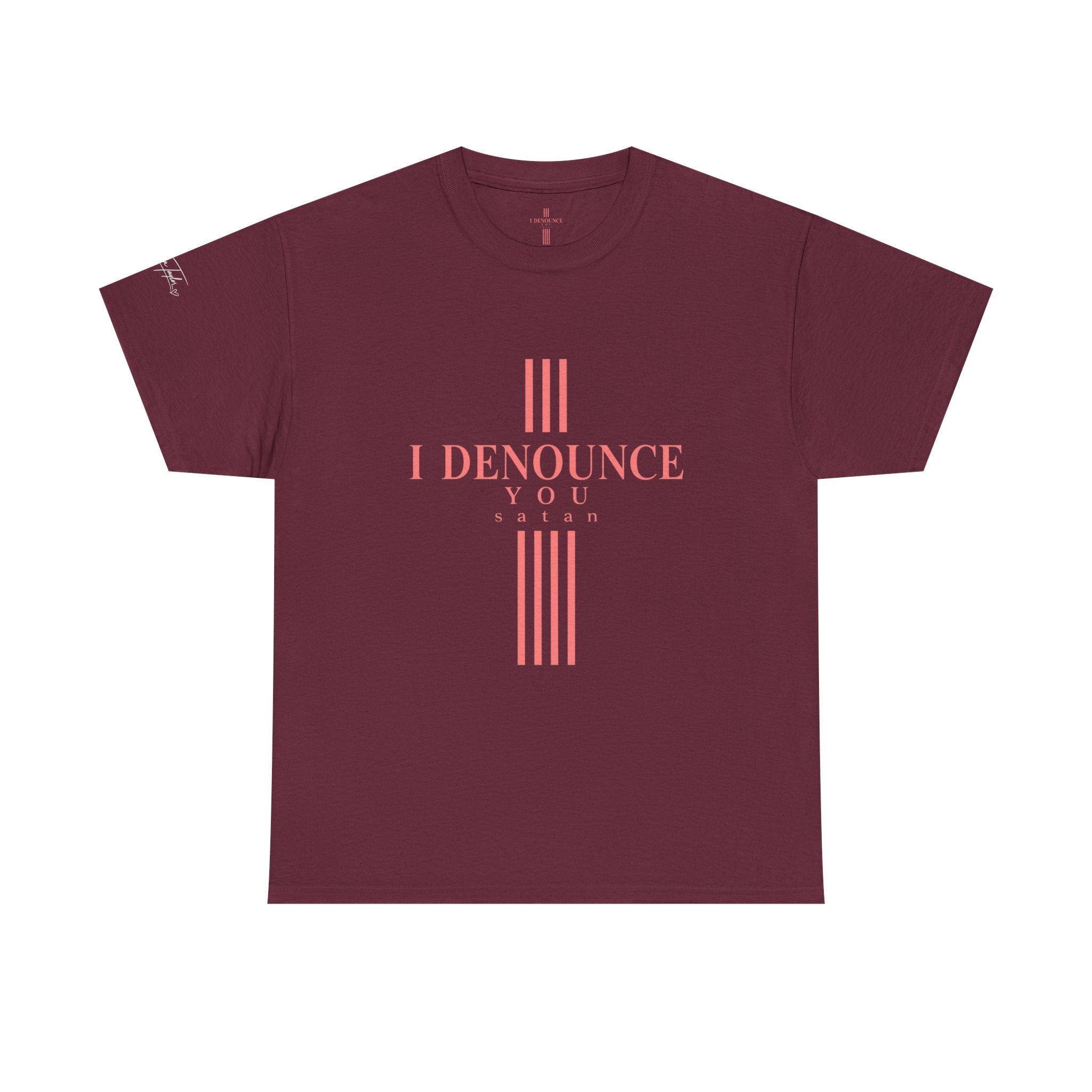 I Denounce You Tee — Minimalist Statement T‑Shirt (Pink Cross Text)