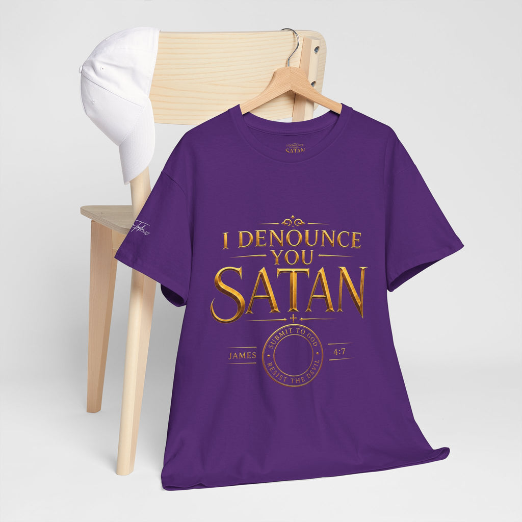 Garment — "I Denounce You Satan" Bold Gold Graphic Christian Statement