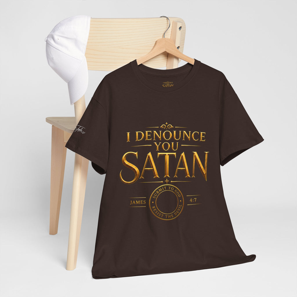 Garment — "I Denounce You Satan" Bold Gold Graphic Christian Statement