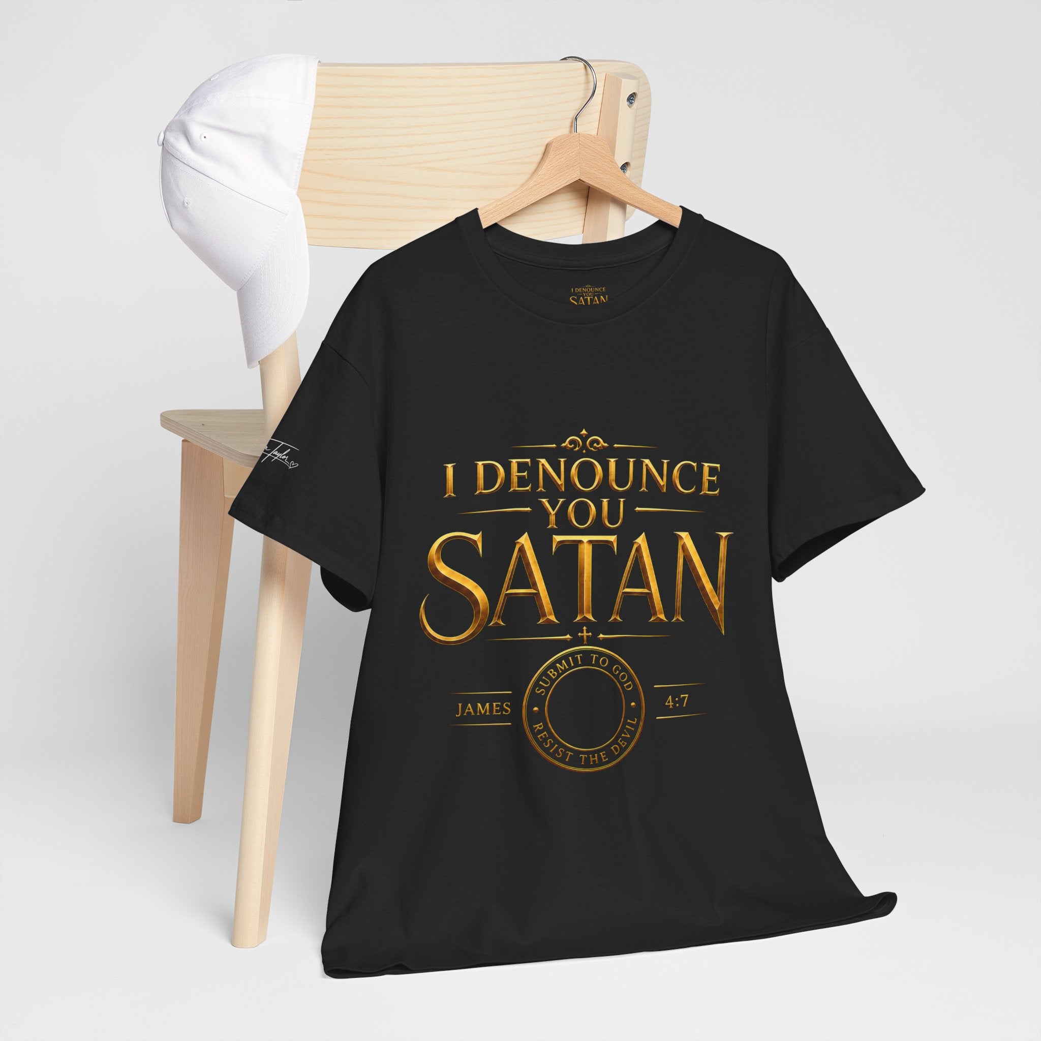 Garment — "I Denounce You Satan" Bold Gold Graphic Christian Statement