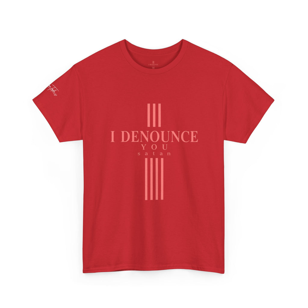I Denounce You Tee — Minimalist Statement T‑Shirt (Pink Cross Text)