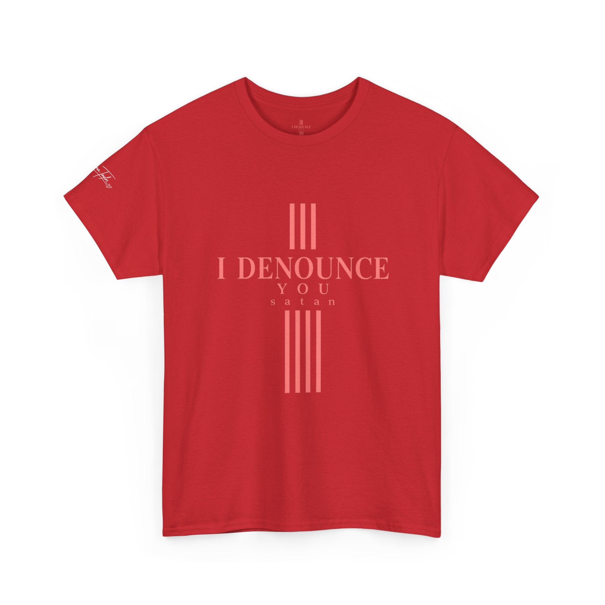 I Denounce You Tee — Minimalist Statement T‑Shirt (Pink Cross Text)