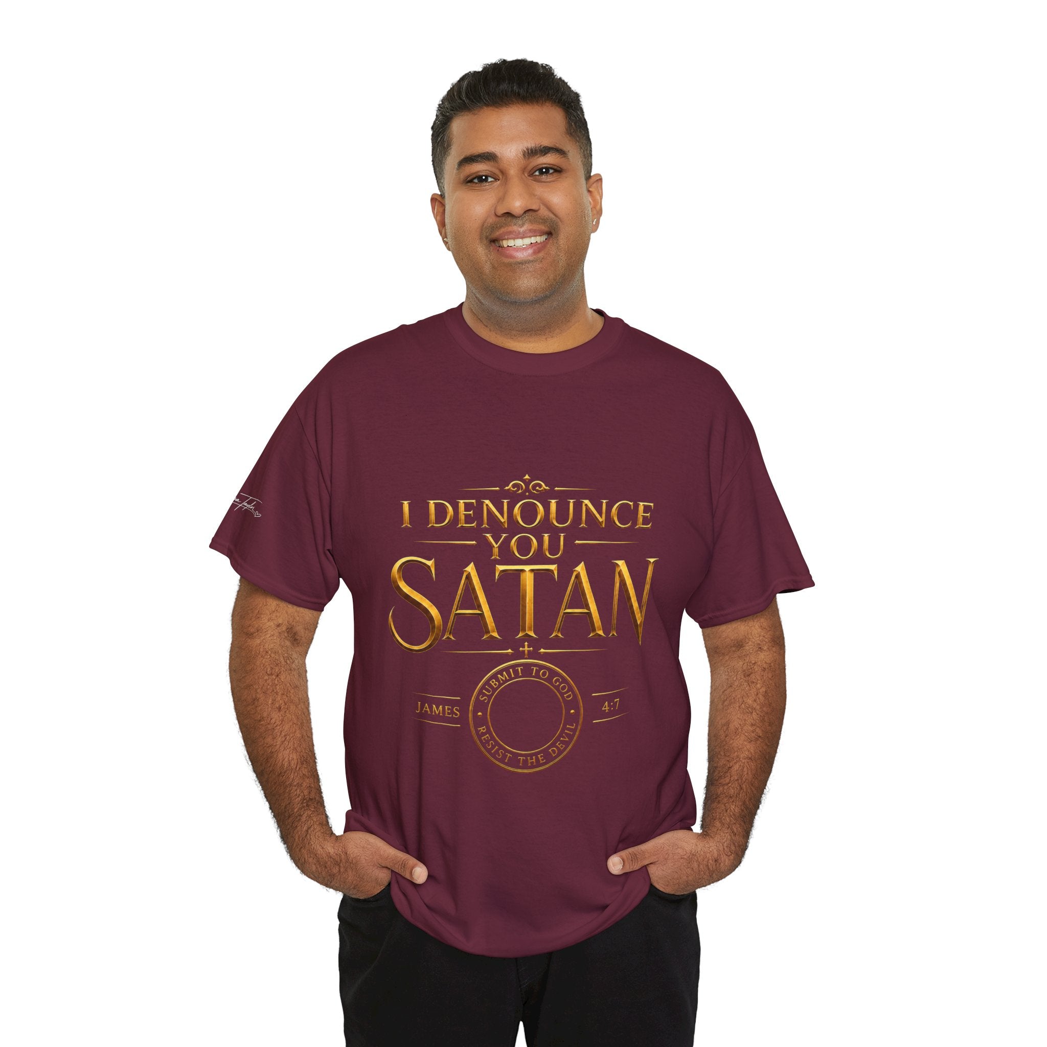 Garment — "I Denounce You Satan" Bold Gold Graphic Christian Statement