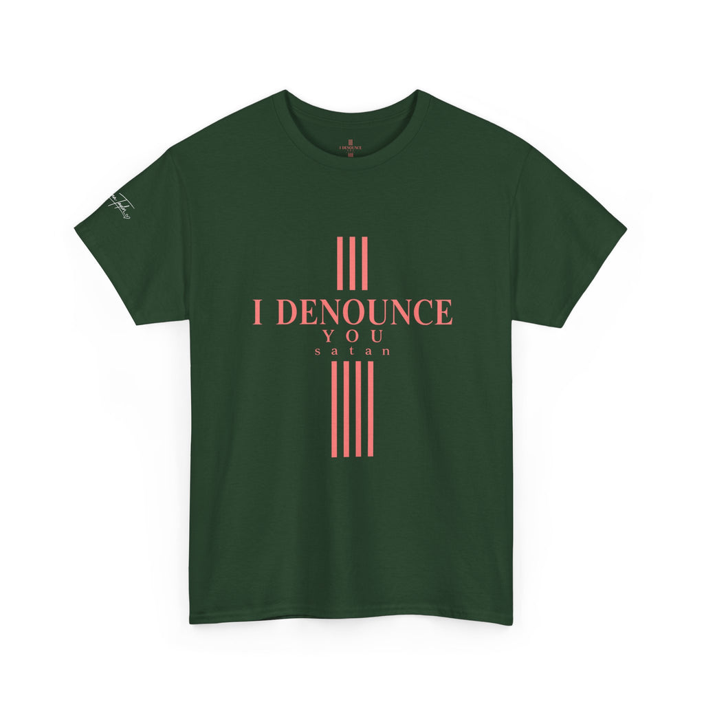 I Denounce You Tee — Minimalist Statement T‑Shirt (Pink Cross Text)