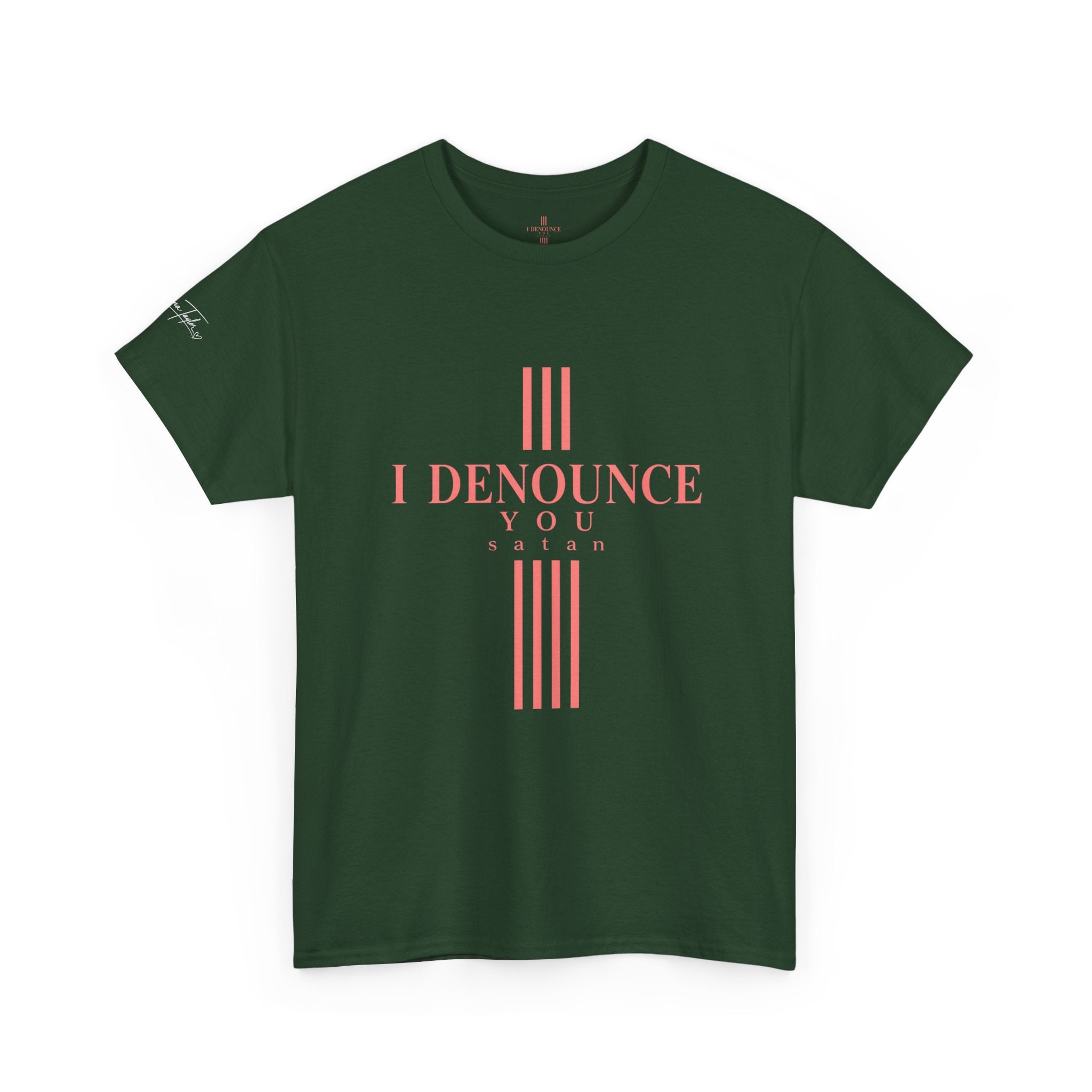 I Denounce You Tee — Minimalist Statement T‑Shirt (Pink Cross Text)