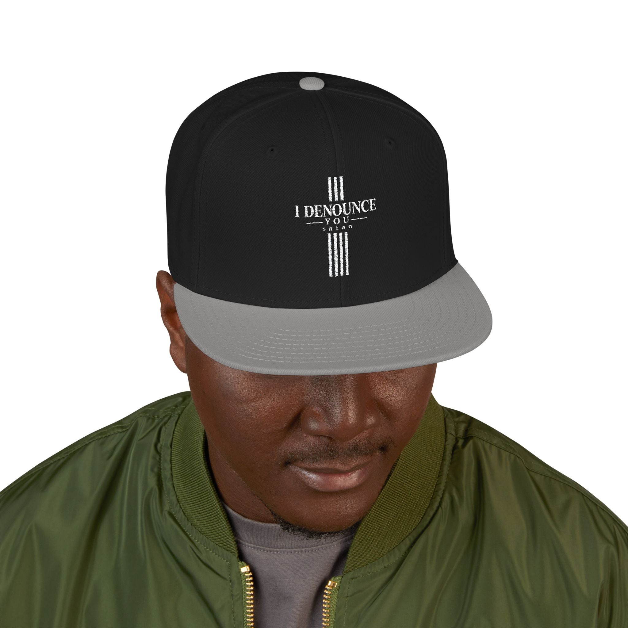 Embroidered Cross Snapback Hat - Black & Cyan Religious Trucker Cap