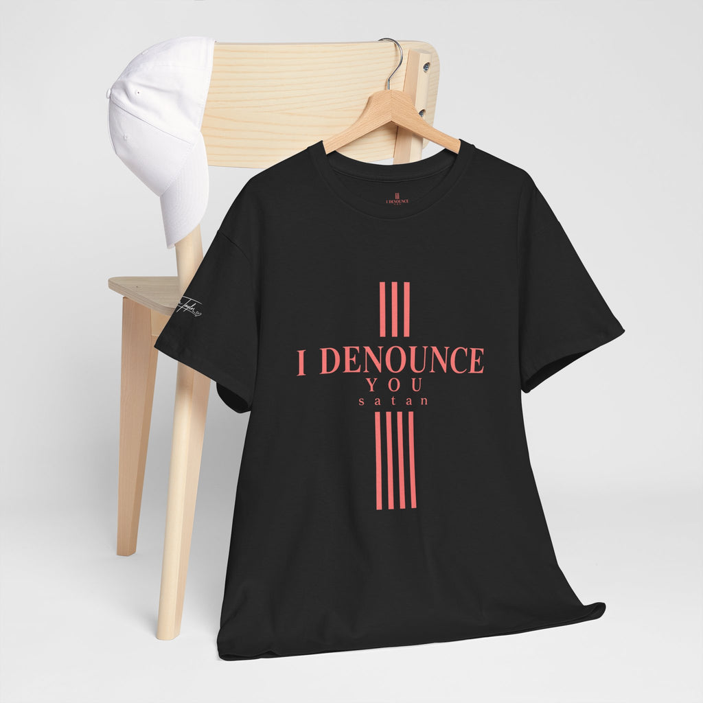 I Denounce You Tee — Minimalist Statement T‑Shirt (Pink Cross Text)