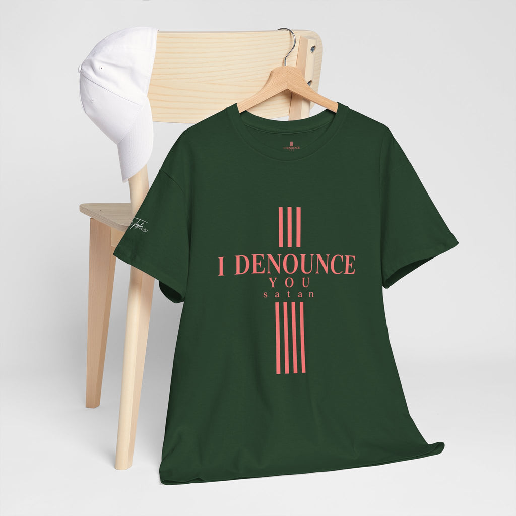 I Denounce You Tee — Minimalist Statement T‑Shirt (Pink Cross Text)