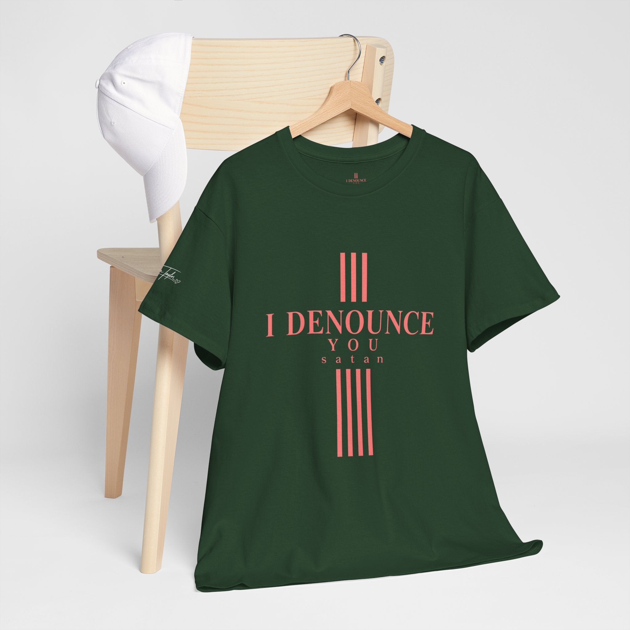 I Denounce You Tee — Minimalist Statement T‑Shirt (Pink Cross Text)