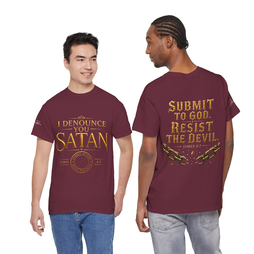 Garment — "I Denounce You Satan" Bold Gold Graphic Christian Statement
