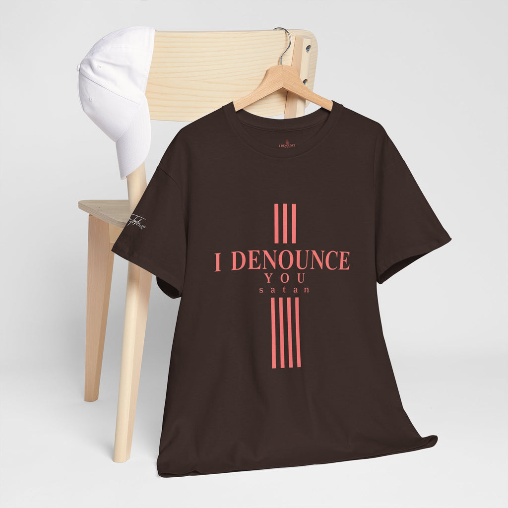 I Denounce You Tee — Minimalist Statement T‑Shirt (Pink Cross Text)