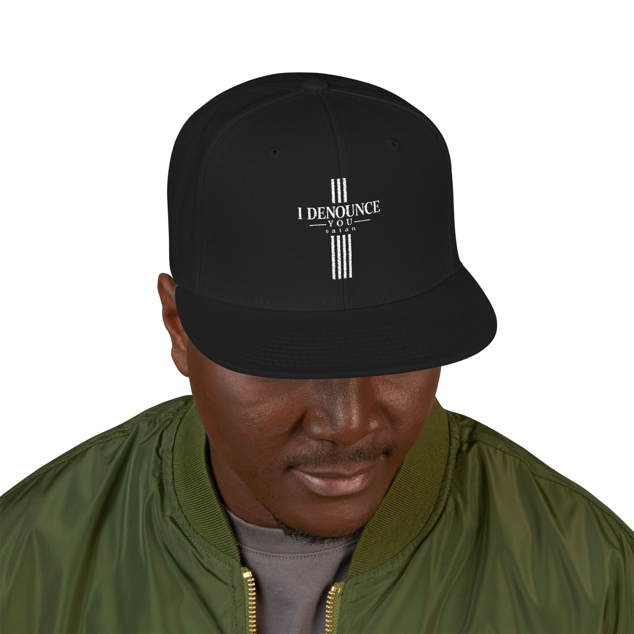 Embroidered Cross Snapback Hat - Black & Cyan Religious Trucker Cap