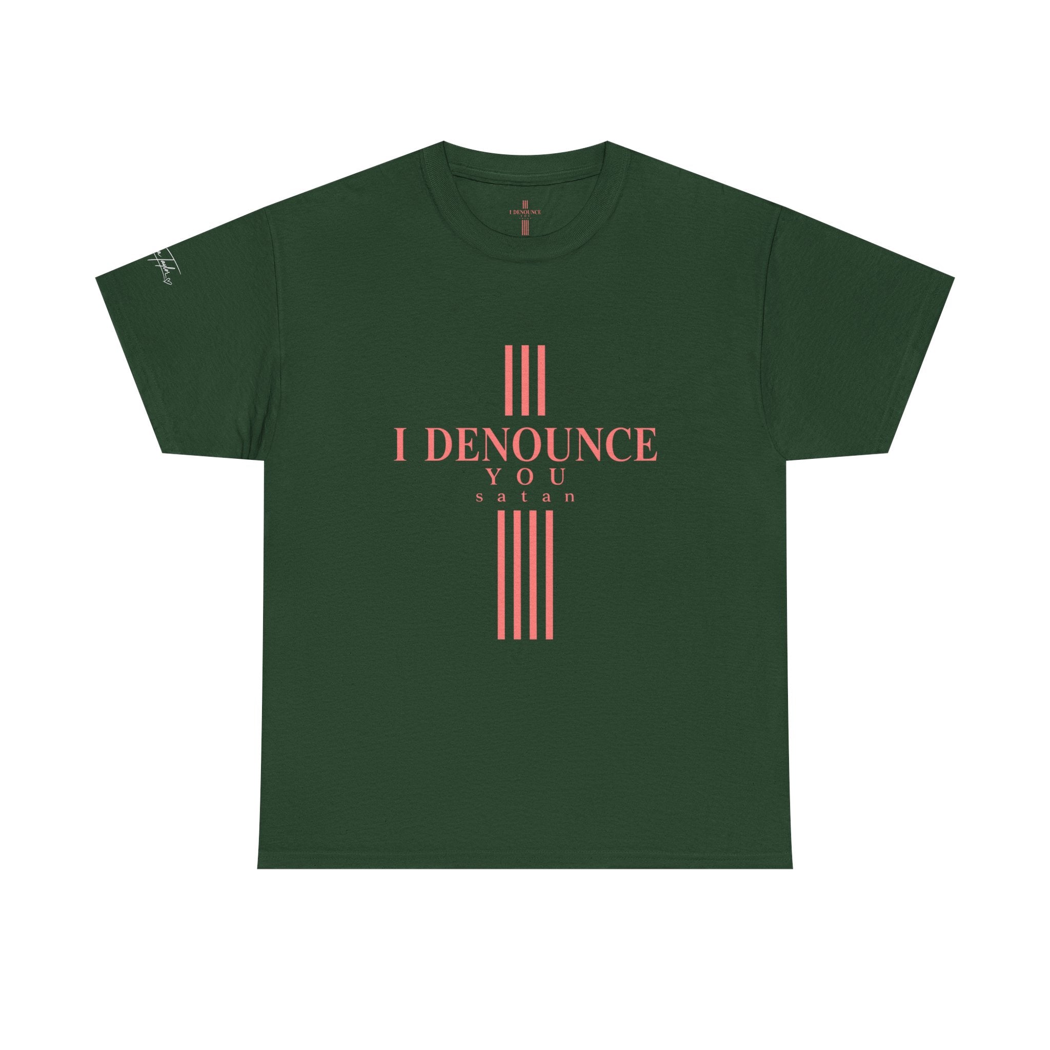 I Denounce You Tee — Minimalist Statement T‑Shirt (Pink Cross Text)