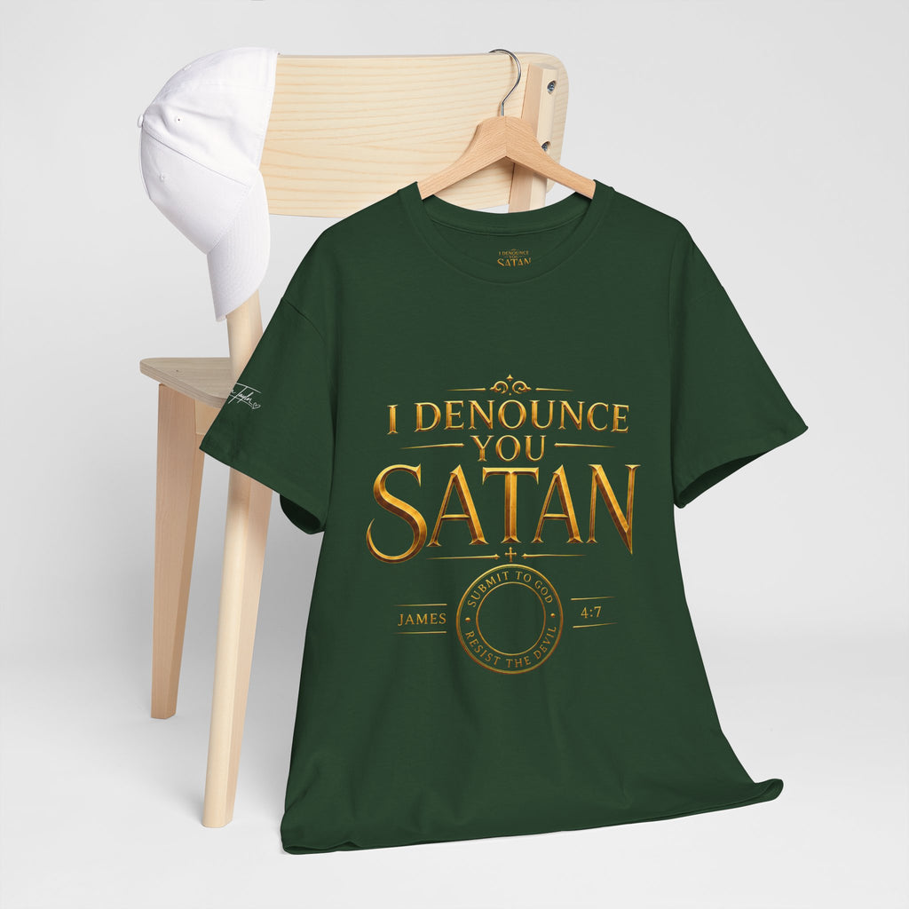 Garment — "I Denounce You Satan" Bold Gold Graphic Christian Statement