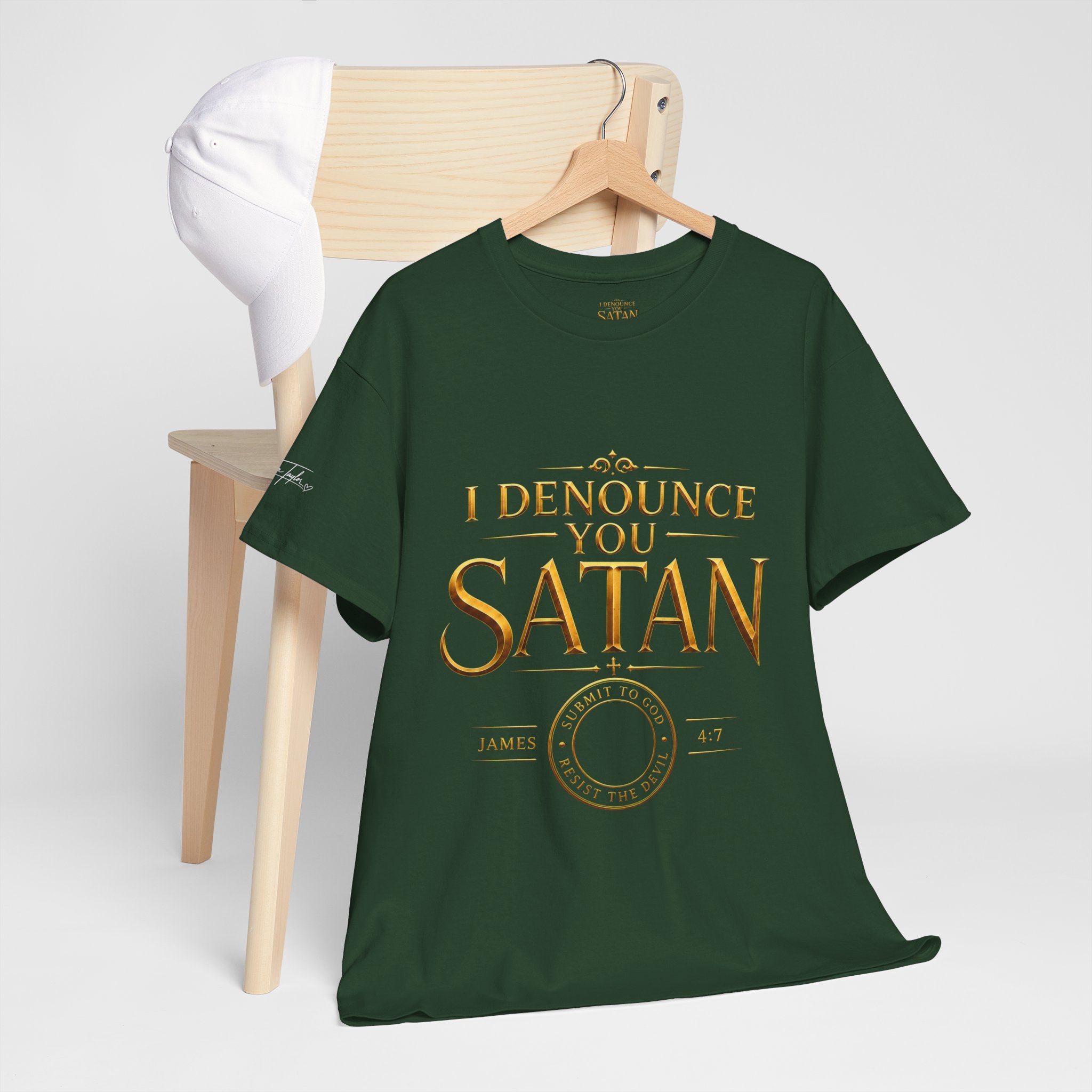 Garment — "I Denounce You Satan" Bold Gold Graphic Christian Statement