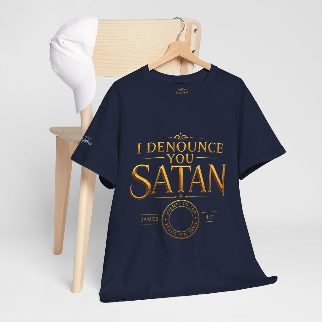 Garment — "I Denounce You Satan" Bold Gold Graphic Christian Statement