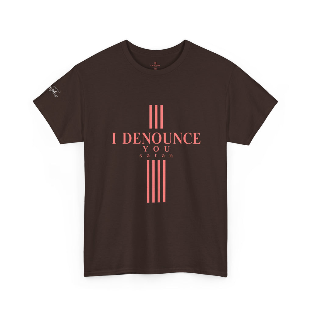 I Denounce You Tee — Minimalist Statement T‑Shirt (Pink Cross Text)