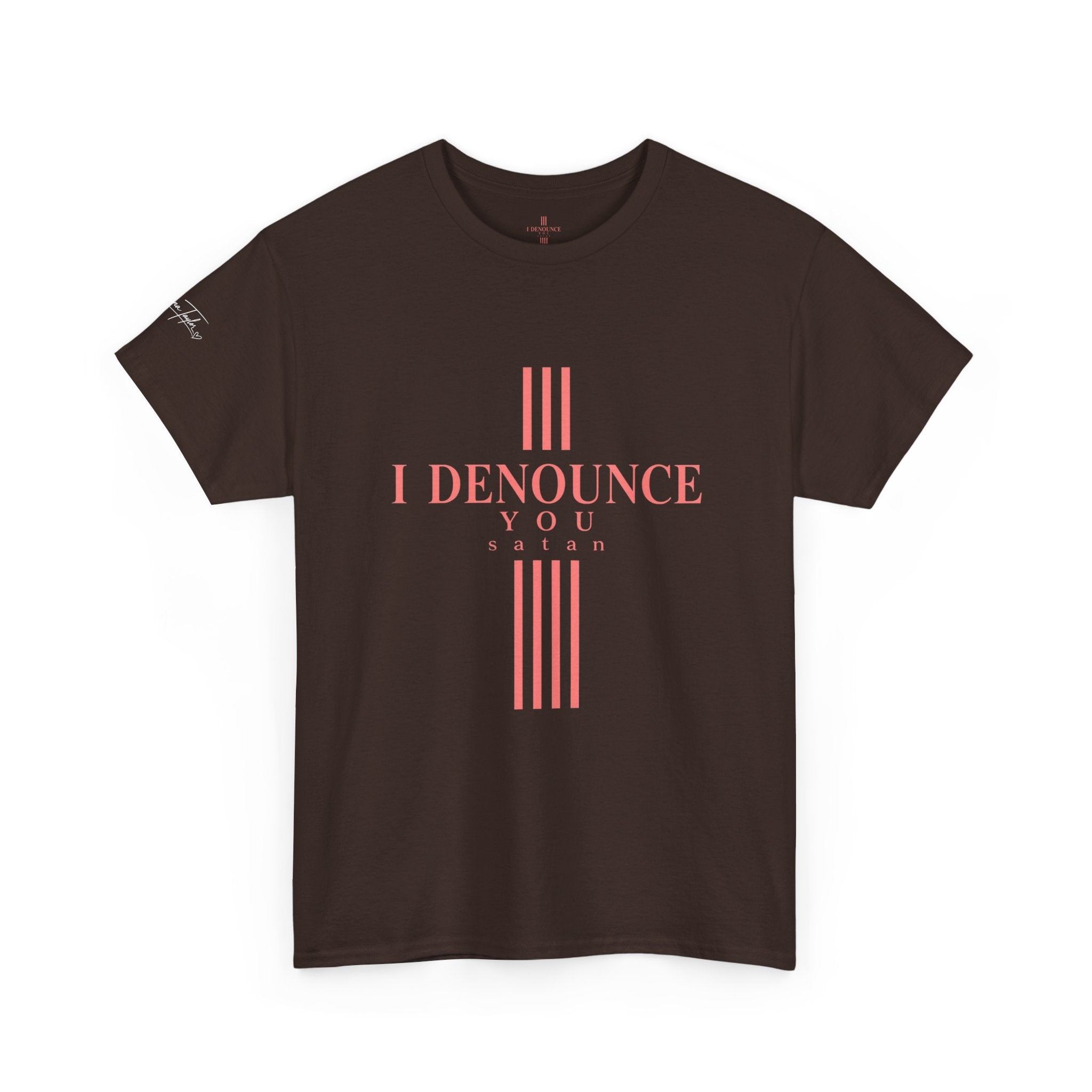 I Denounce You Tee — Minimalist Statement T‑Shirt (Pink Cross Text)