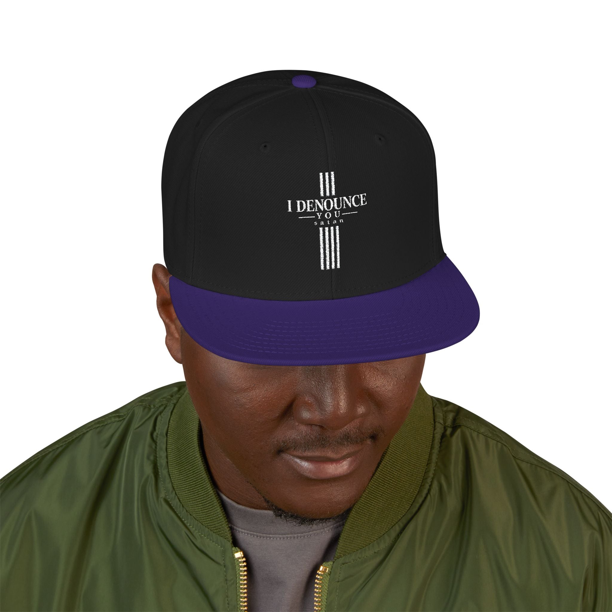 Embroidered Cross Snapback Hat - Black & Cyan Religious Trucker Cap
