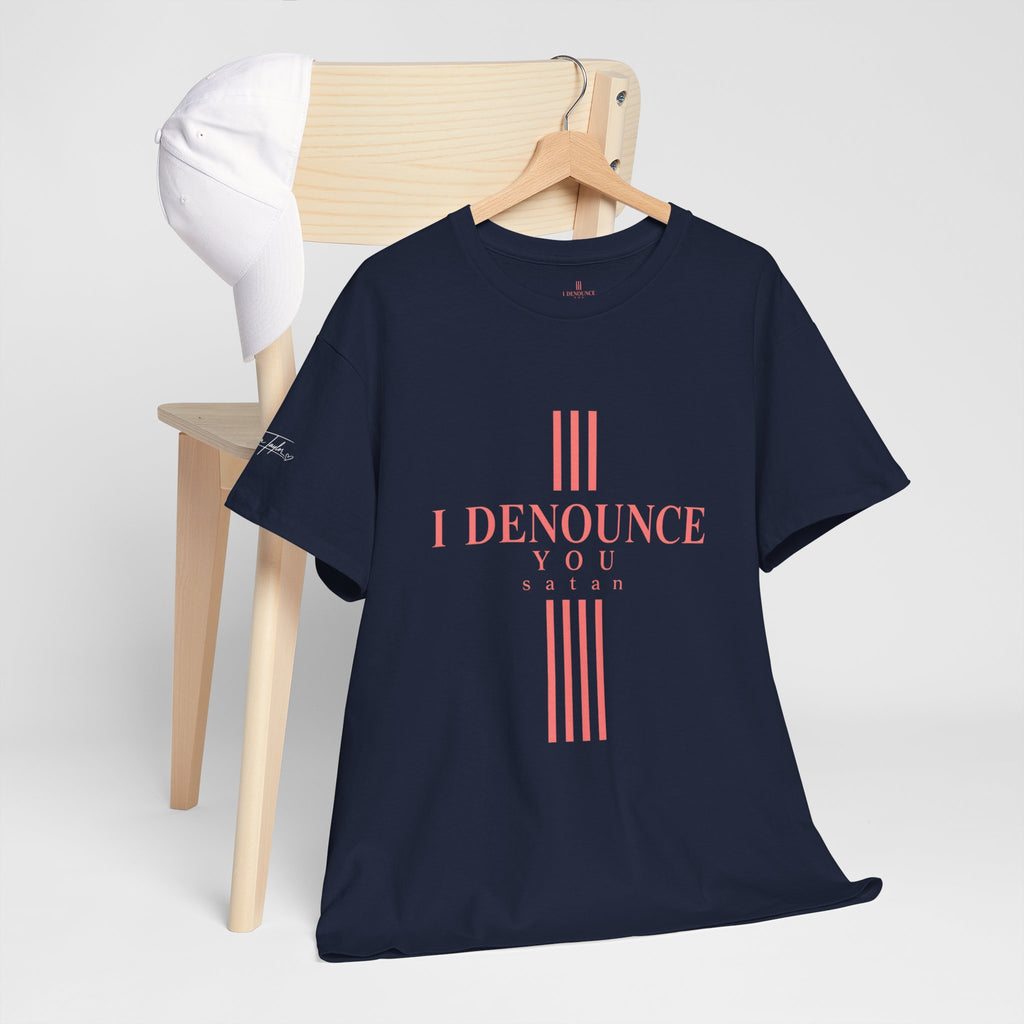 I Denounce You Tee — Minimalist Statement T‑Shirt (Pink Cross Text)