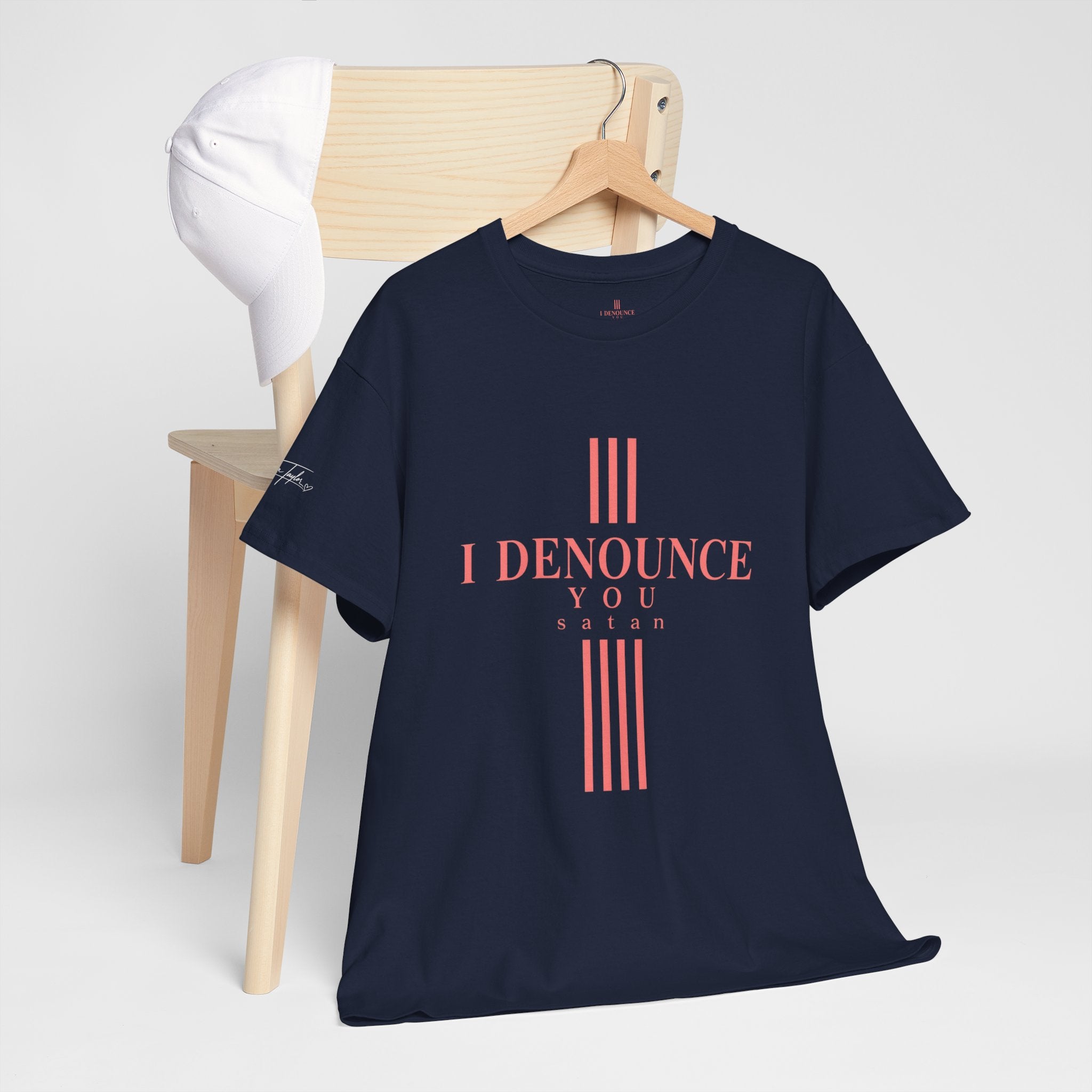 I Denounce You Tee — Minimalist Statement T‑Shirt (Pink Cross Text)