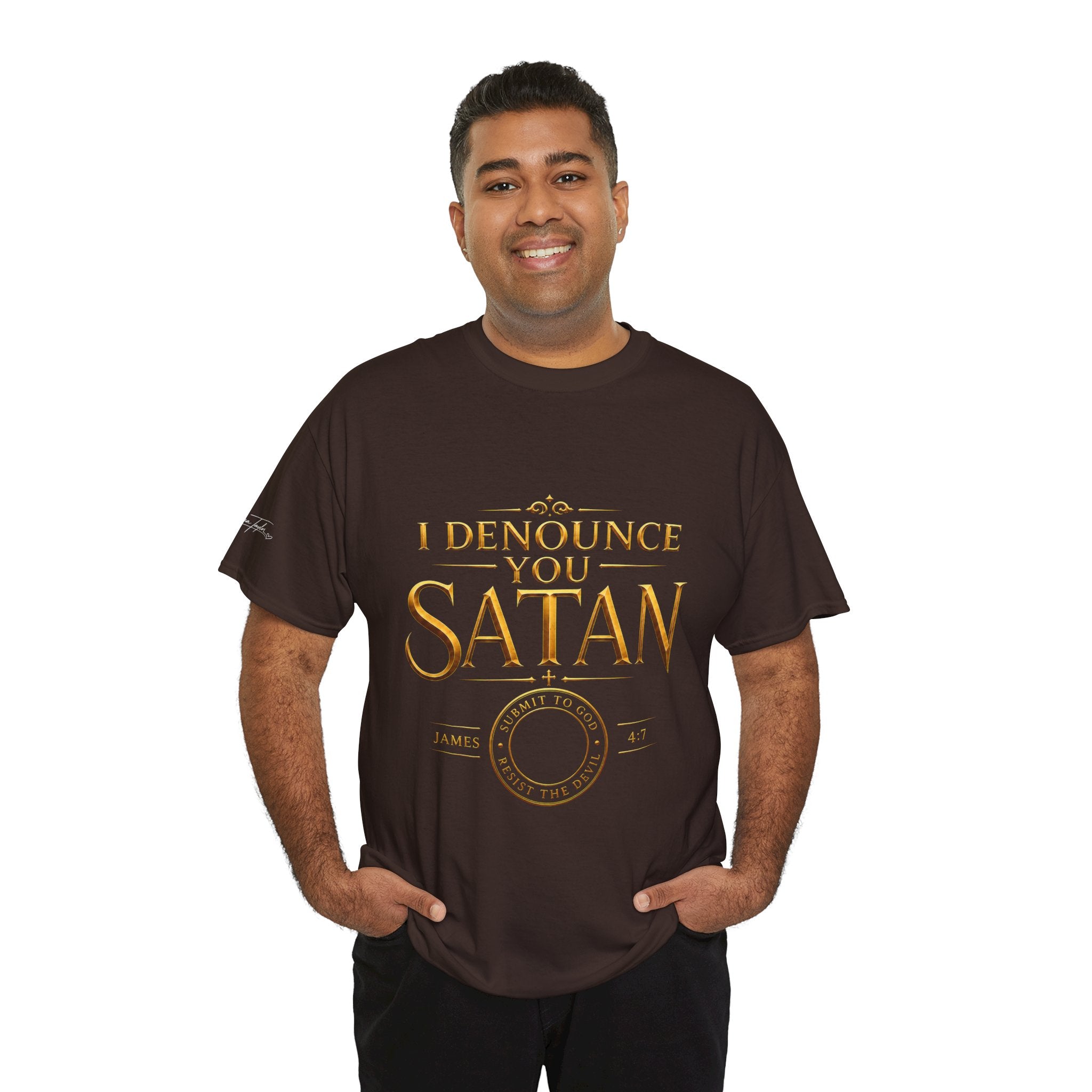 Garment — "I Denounce You Satan" Bold Gold Graphic Christian Statement