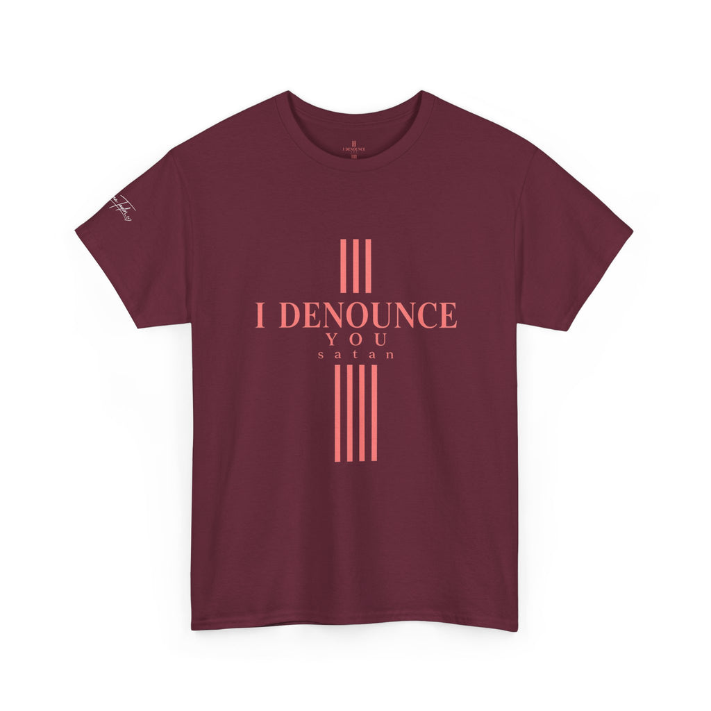 I Denounce You Tee — Minimalist Statement T‑Shirt (Pink Cross Text)