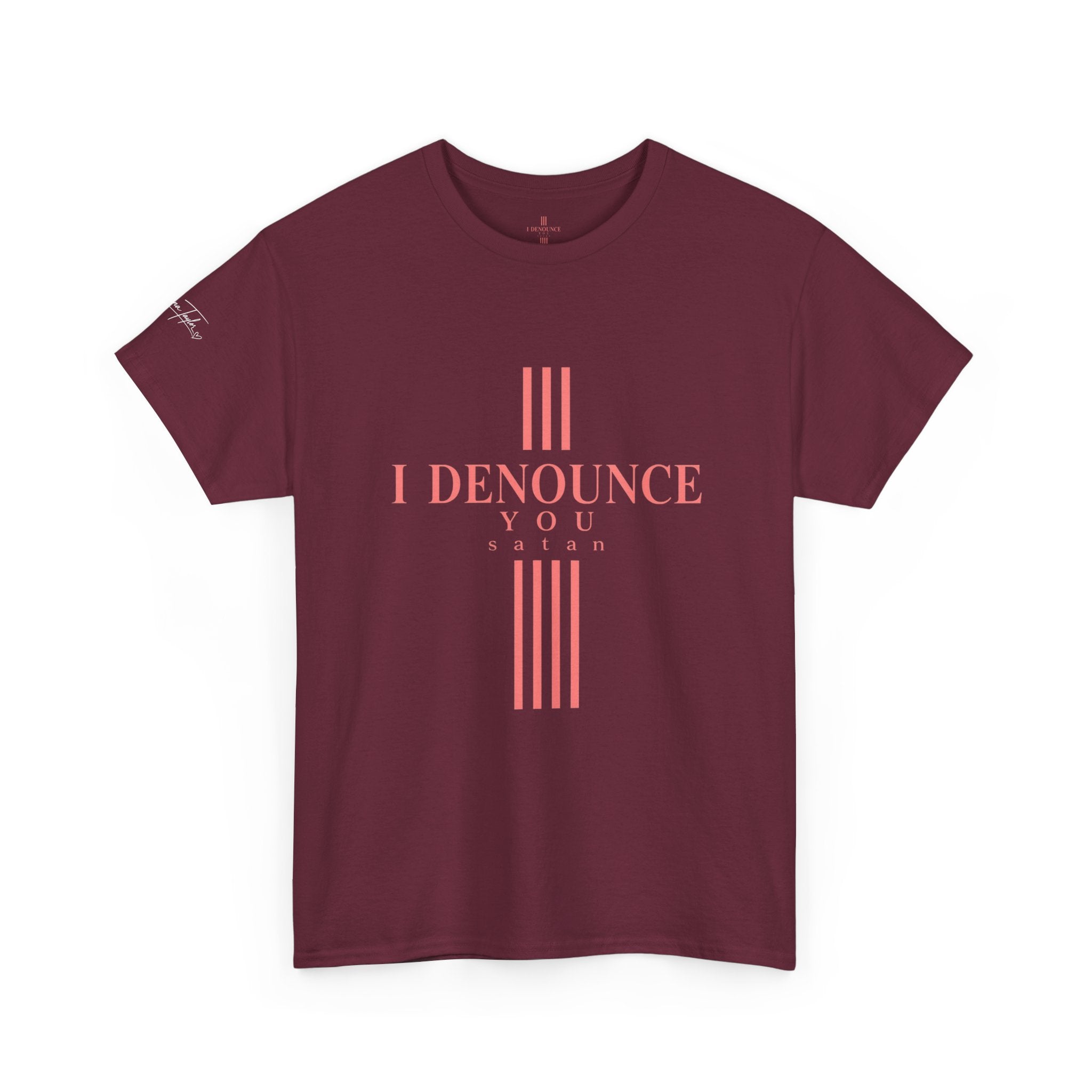 I Denounce You Tee — Minimalist Statement T‑Shirt (Pink Cross Text)