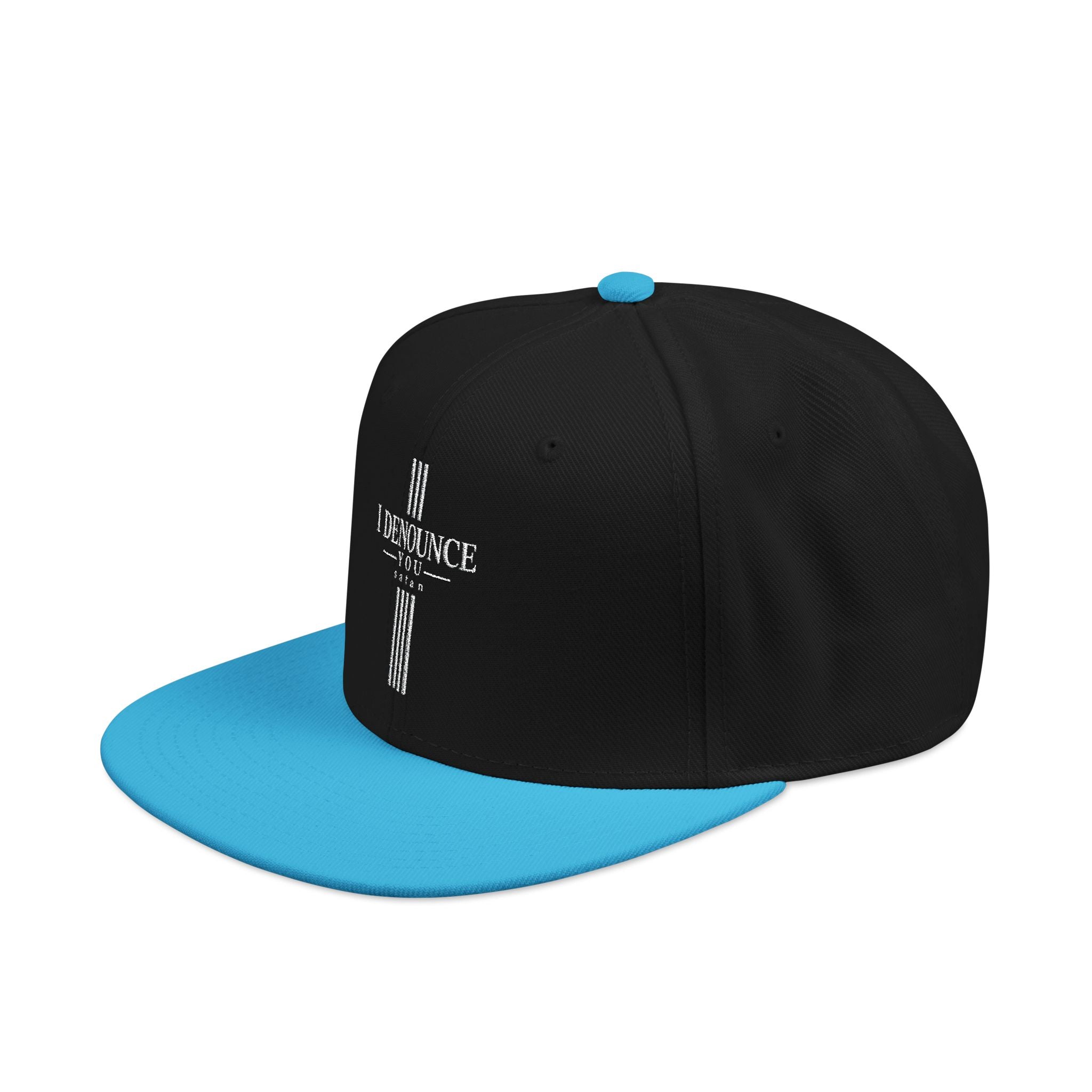 Embroidered Cross Snapback Hat - Black & Cyan Religious Trucker Cap