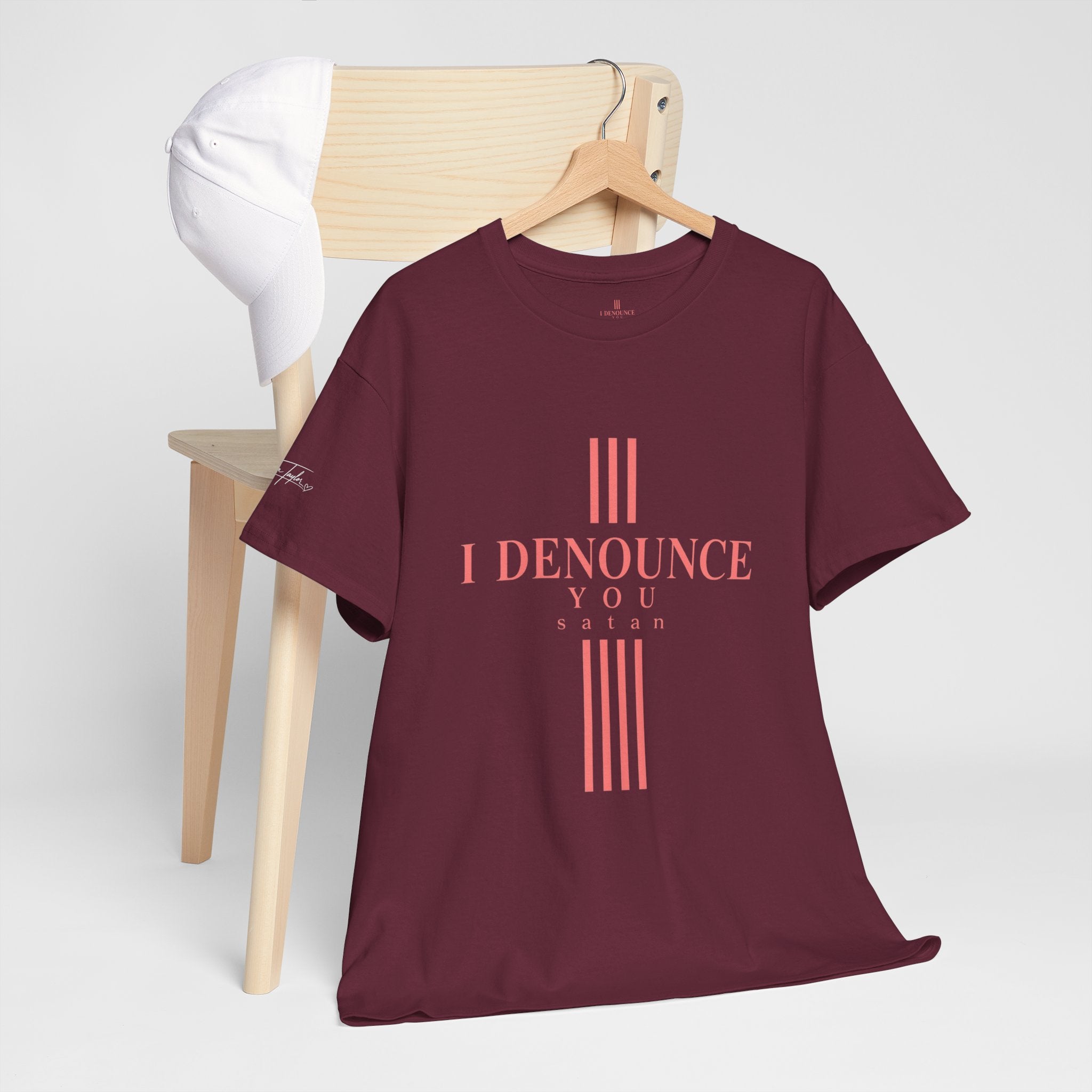I Denounce You Tee — Minimalist Statement T‑Shirt (Pink Cross Text)