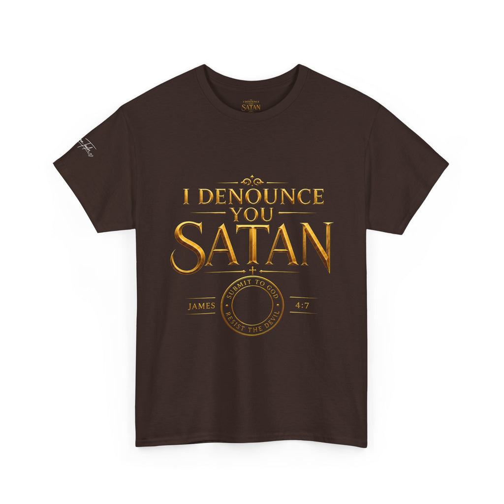 Garment — "I Denounce You Satan" Bold Gold Graphic Christian Statement