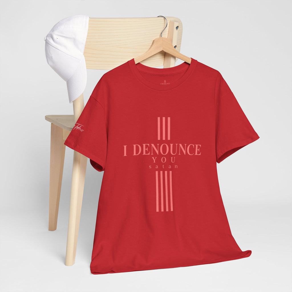 I Denounce You Tee — Minimalist Statement T‑Shirt (Pink Cross Text)