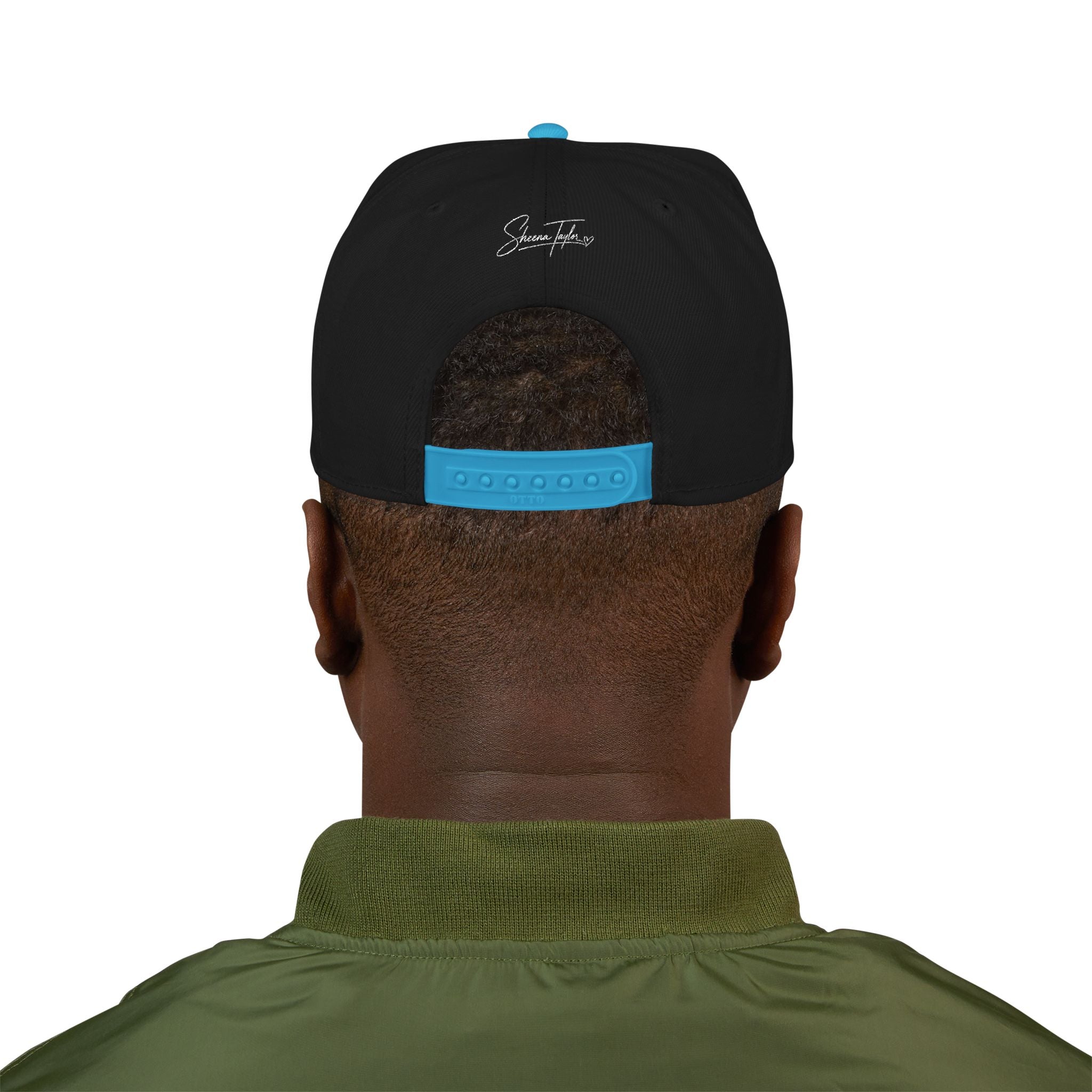 Embroidered Cross Snapback Hat - Black & Cyan Religious Trucker Cap