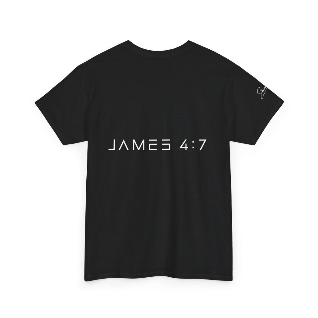 Flee Tee — Minimal "FLEE / Run Devil Run" Graphic Shirt (James 4:7 Back)