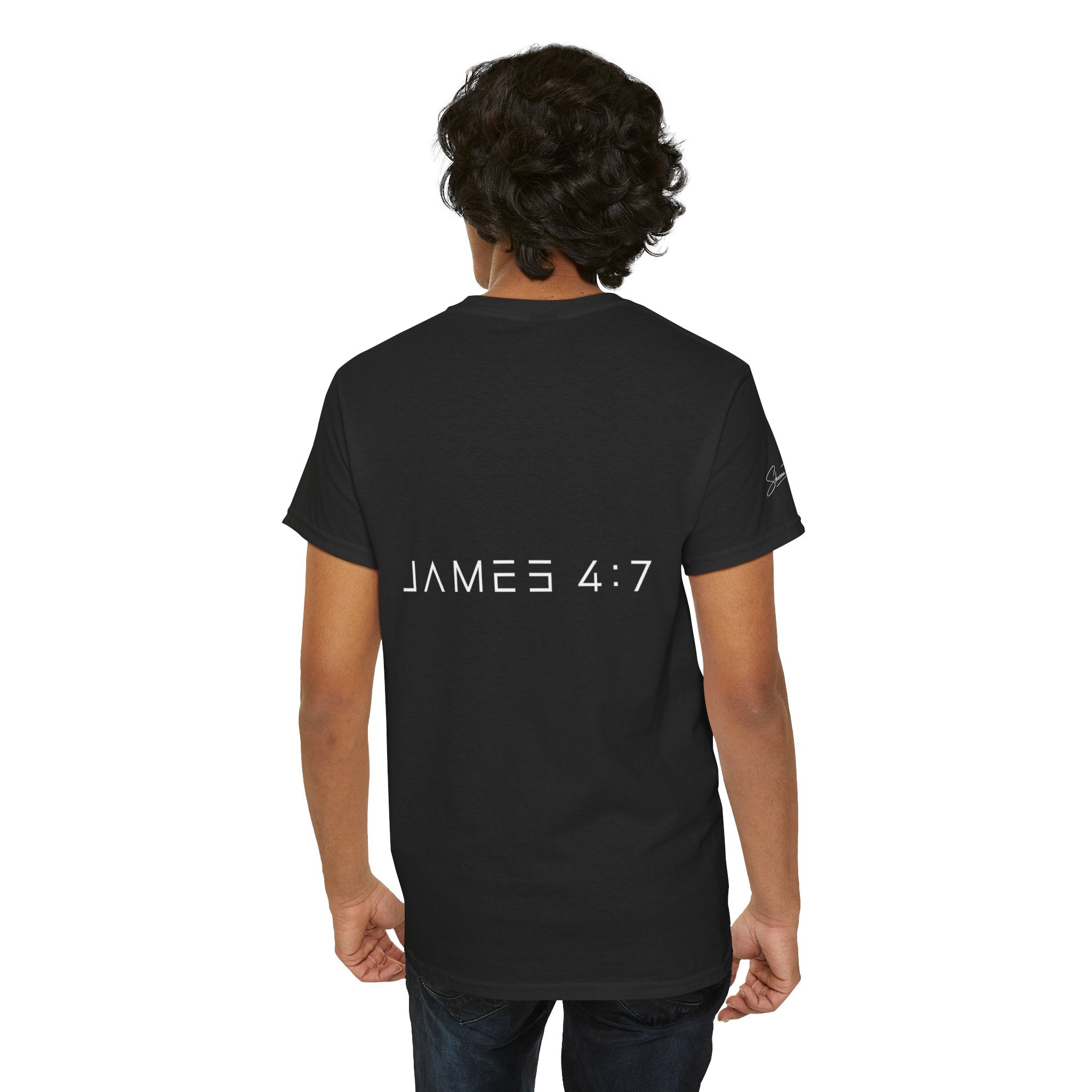 Flee Tee — Minimal "FLEE / Run Devil Run" Graphic Shirt (James 4:7 Back)
