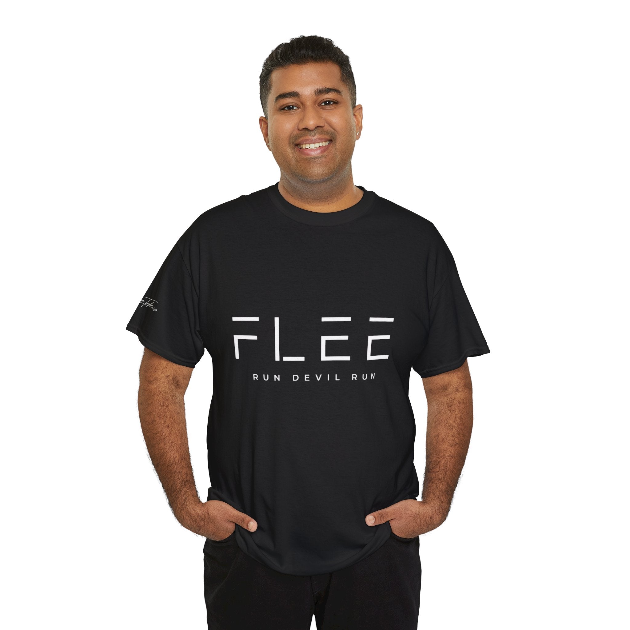 Flee Tee — Minimal "FLEE / Run Devil Run" Graphic Shirt (James 4:7 Back)
