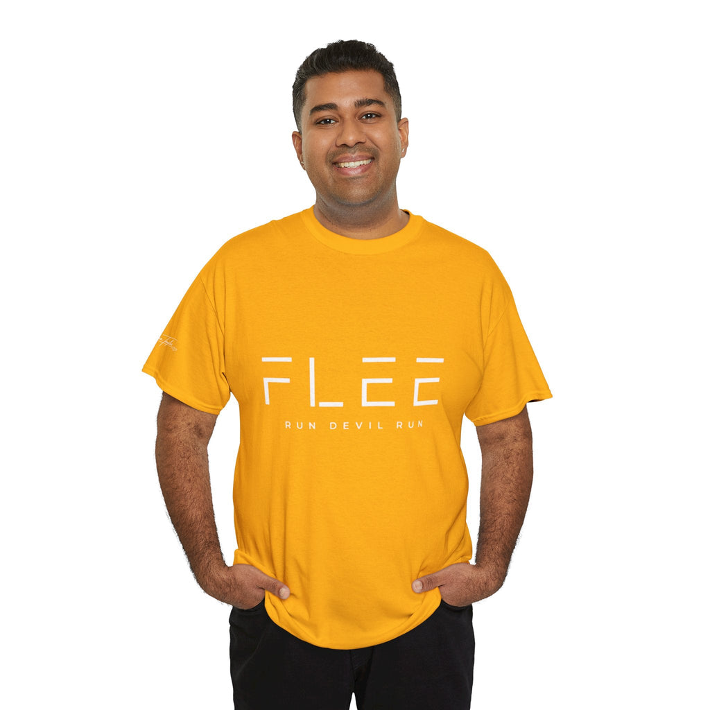 Flee Tee — Minimal "FLEE / Run Devil Run" Graphic Shirt (James 4:7 Back)