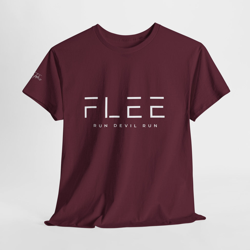 Flee Tee — Minimal "FLEE / Run Devil Run" Graphic Shirt (James 4:7 Back)