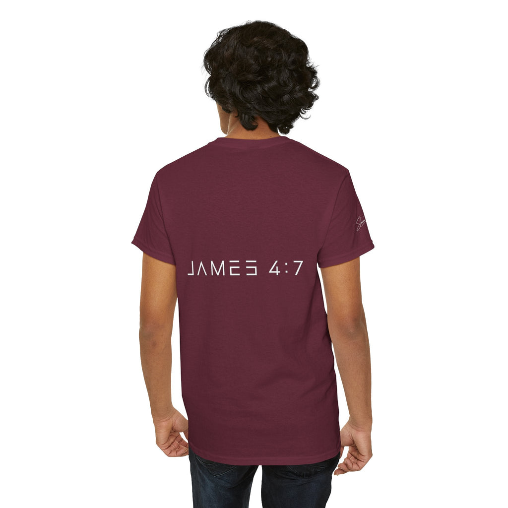 Flee Tee — Minimal "FLEE / Run Devil Run" Graphic Shirt (James 4:7 Back)