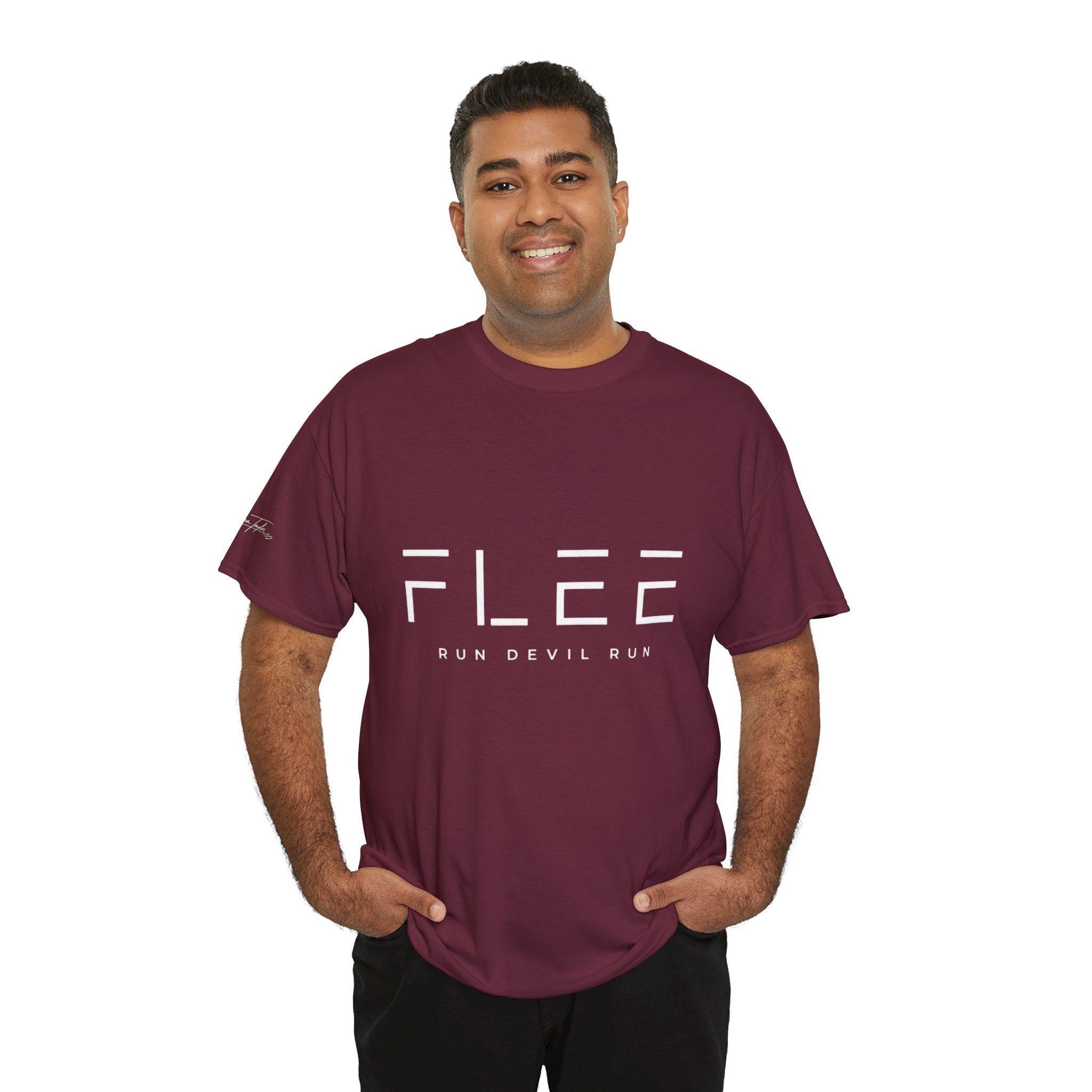Flee Tee — Minimal "FLEE / Run Devil Run" Graphic Shirt (James 4:7 Back)