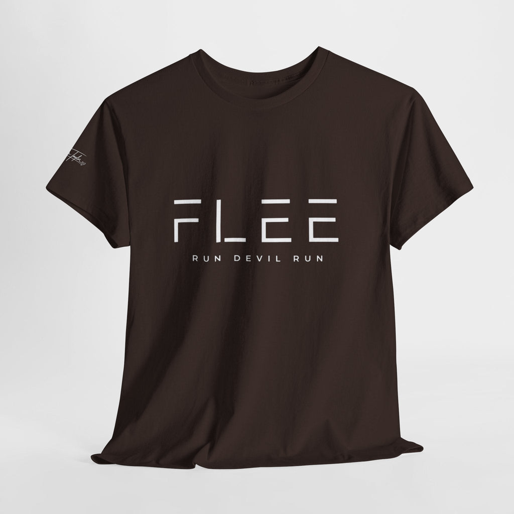 Flee Tee — Minimal "FLEE / Run Devil Run" Graphic Shirt (James 4:7 Back)