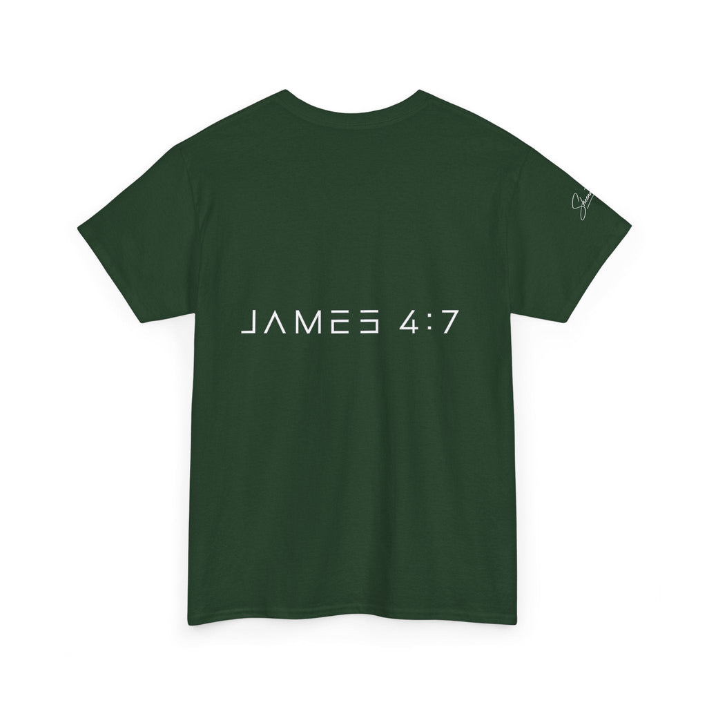 Flee Tee — Minimal "FLEE / Run Devil Run" Graphic Shirt (James 4:7 Back)