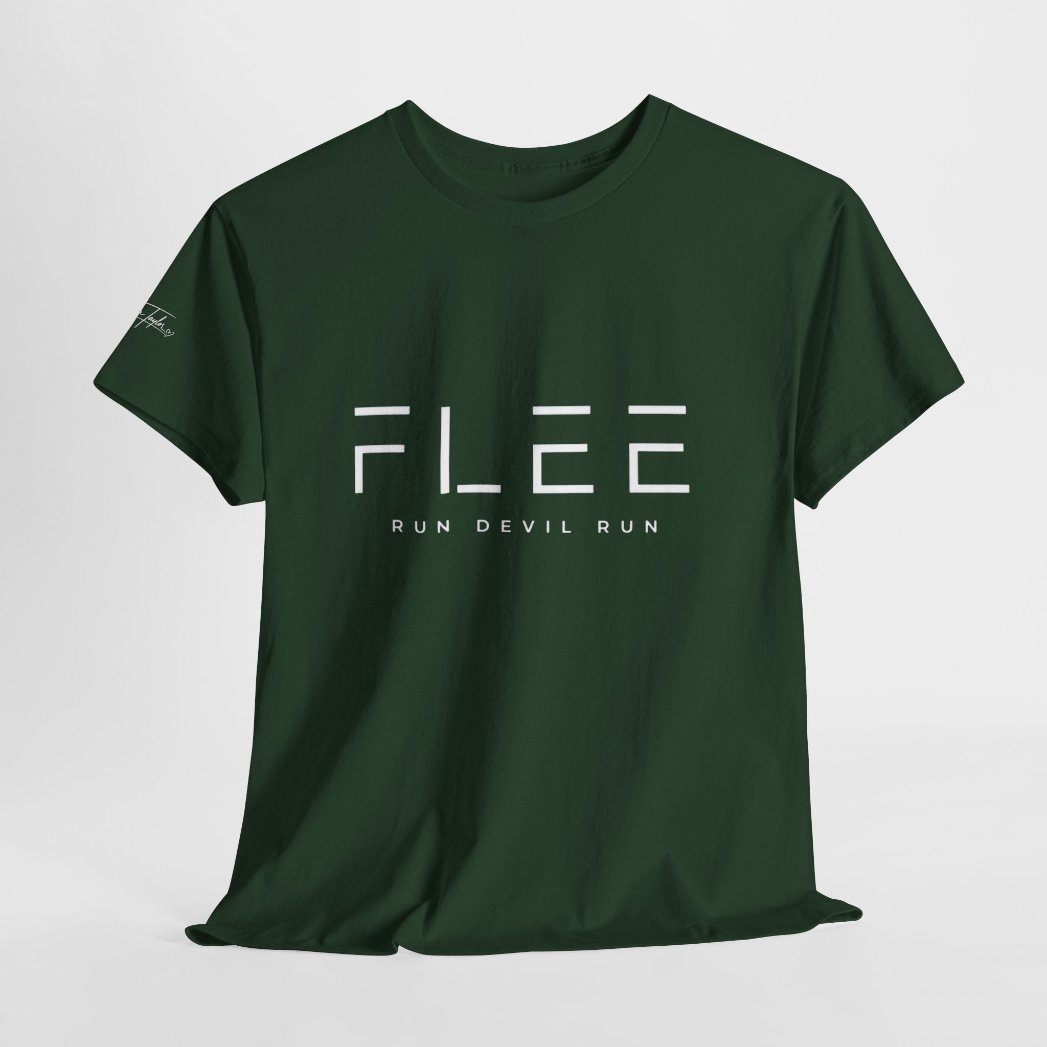 Flee Tee — Minimal "FLEE / Run Devil Run" Graphic Shirt (James 4:7 Back)