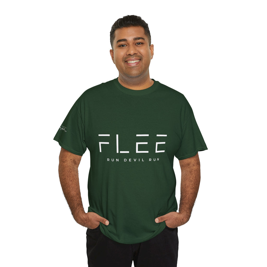 Flee Tee — Minimal "FLEE / Run Devil Run" Graphic Shirt (James 4:7 Back)