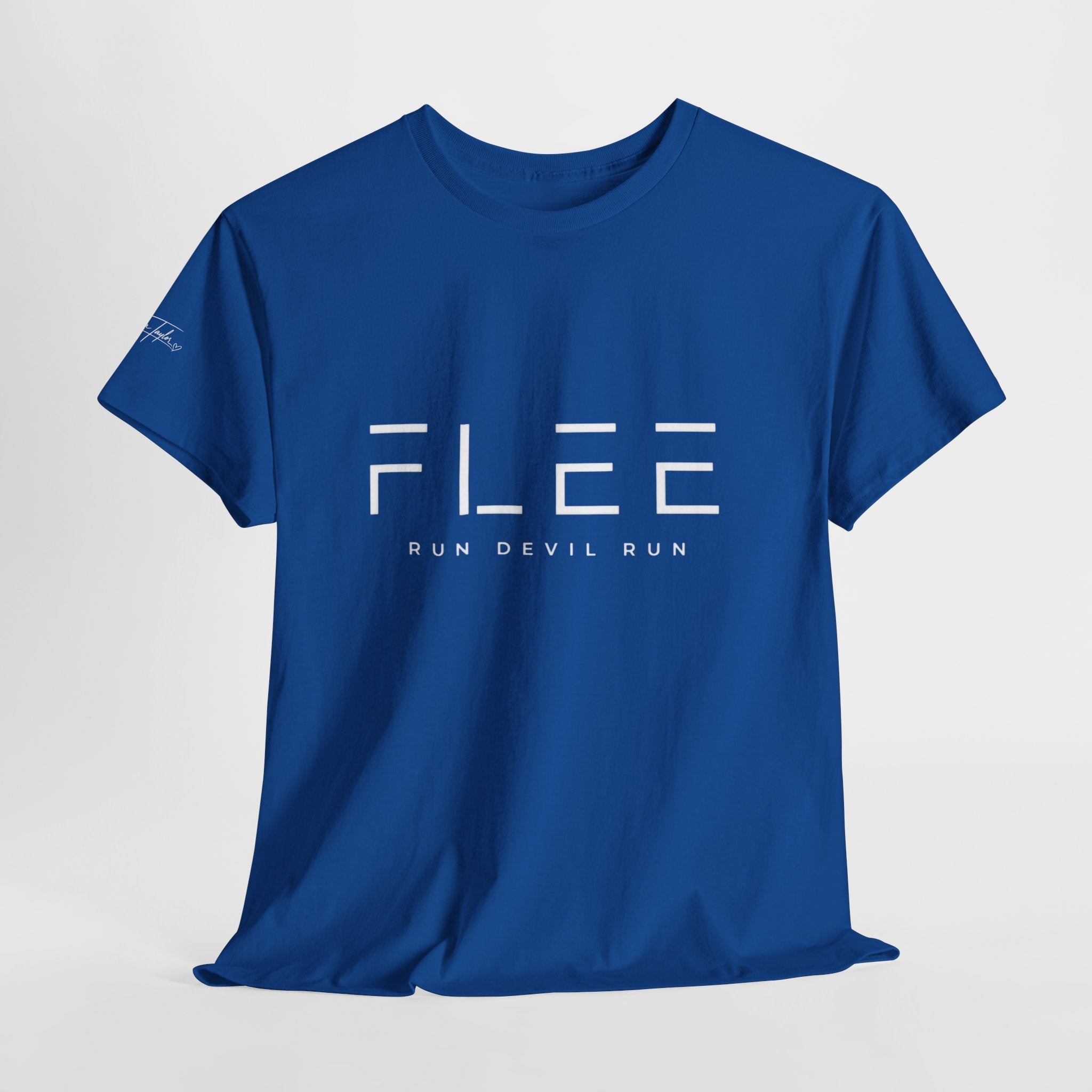 Flee Tee — Minimal "FLEE / Run Devil Run" Graphic Shirt (James 4:7 Back)